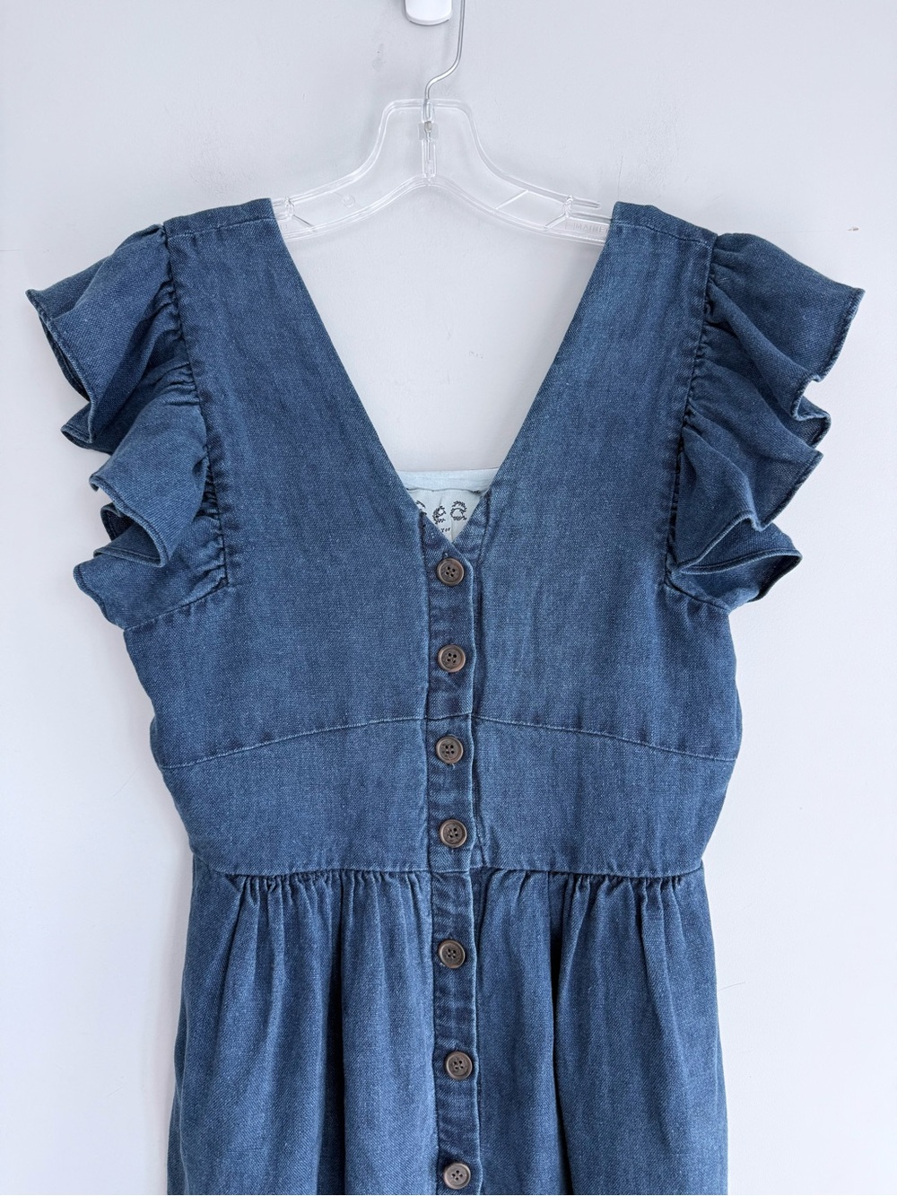 SEA New York Linen Midi Dress Blue Chambray Ruffle Button Front Cottagecore Boho - Picture 10 of 15